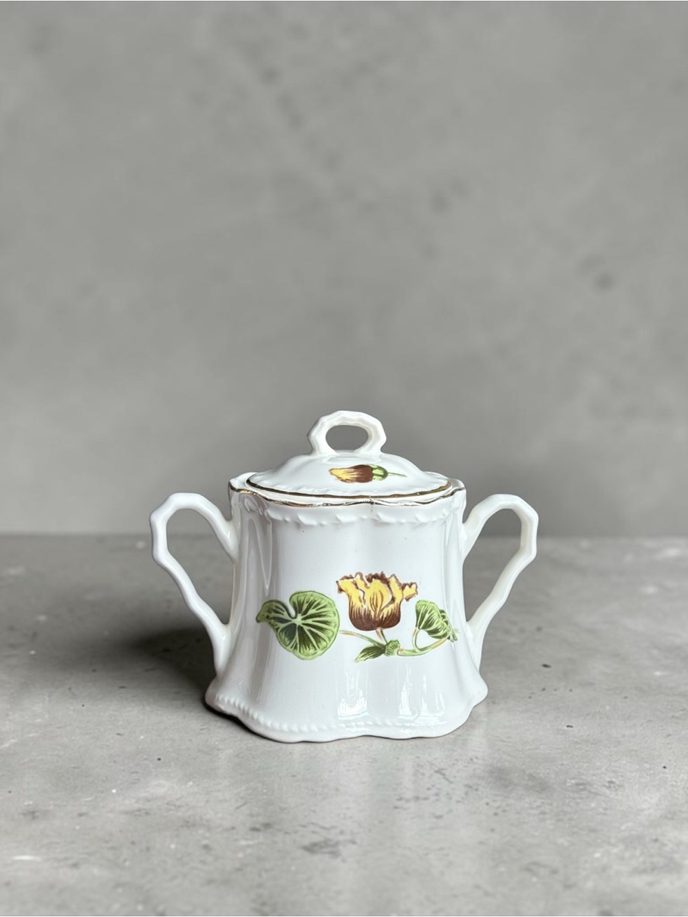 Vintage Crooksville Delmar Begonia Covered Sugar Bowl La Grande Gold Trim